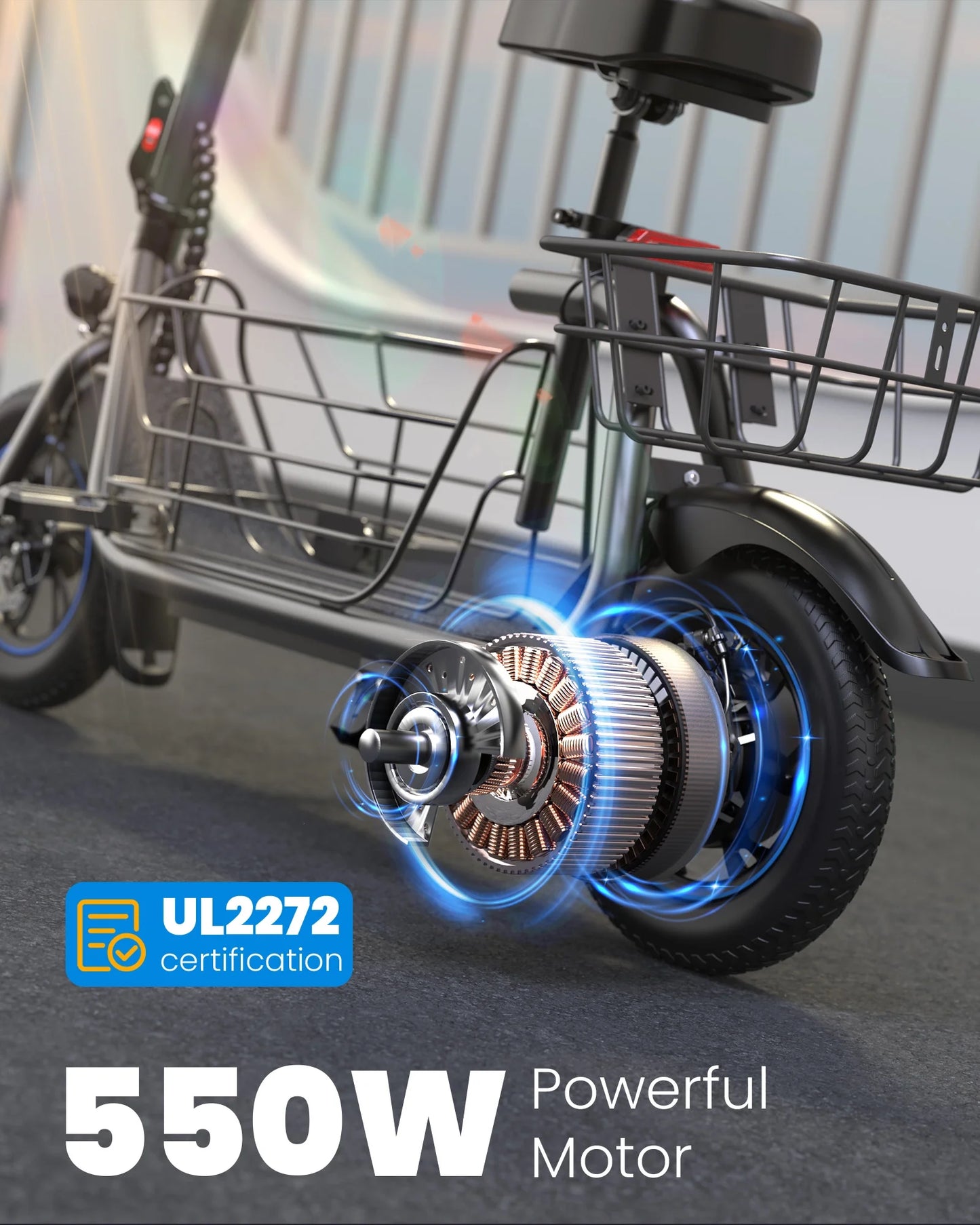 19MPH Foldable 550W Electric Scooter with Seat for Adult,12 Inch Commuter Electric Scooter for Pets with Front & Back Basket, Bigger Seat - up to 21 Miles