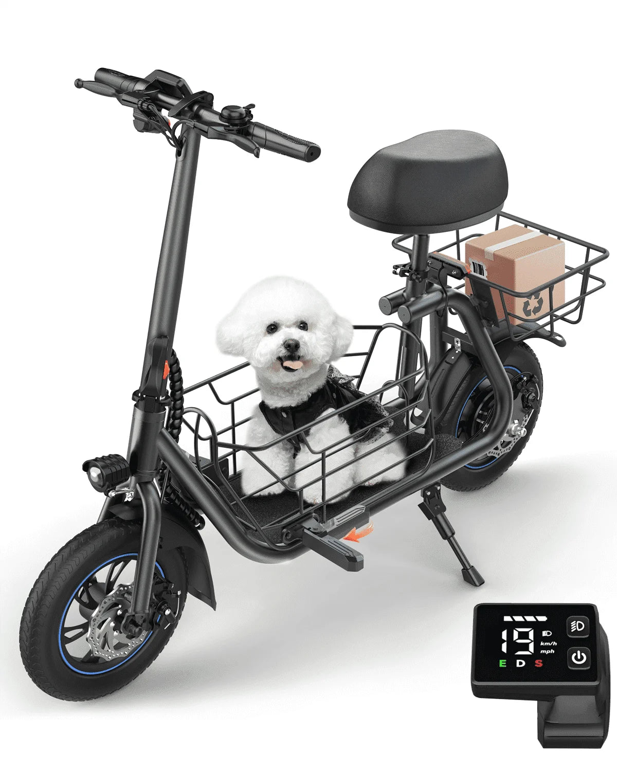 19MPH Foldable 550W Electric Scooter with Seat for Adult,12 Inch Commuter Electric Scooter for Pets with Front & Back Basket, Bigger Seat - up to 21 Miles