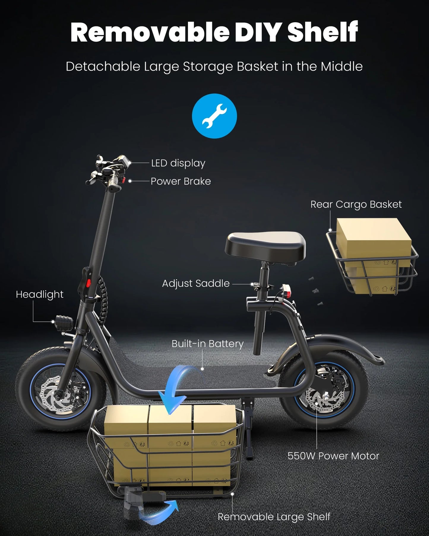 19MPH Foldable 550W Electric Scooter with Seat for Adult,12 Inch Commuter Electric Scooter for Pets with Front & Back Basket, Bigger Seat - up to 21 Miles