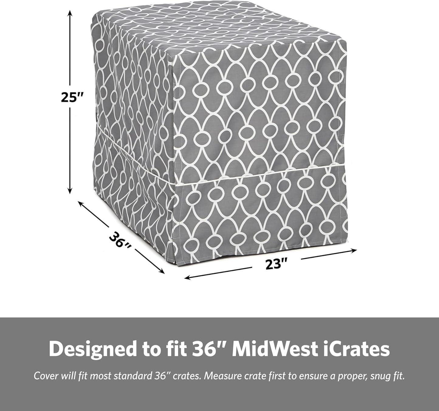 Dog Crate Cover with Teflon Fabric Protector, Poly-Cotton Privacy Kennel Cover Fits Most 36-Inch Crates, Gray Designer Print, Washable, Reduces Barking