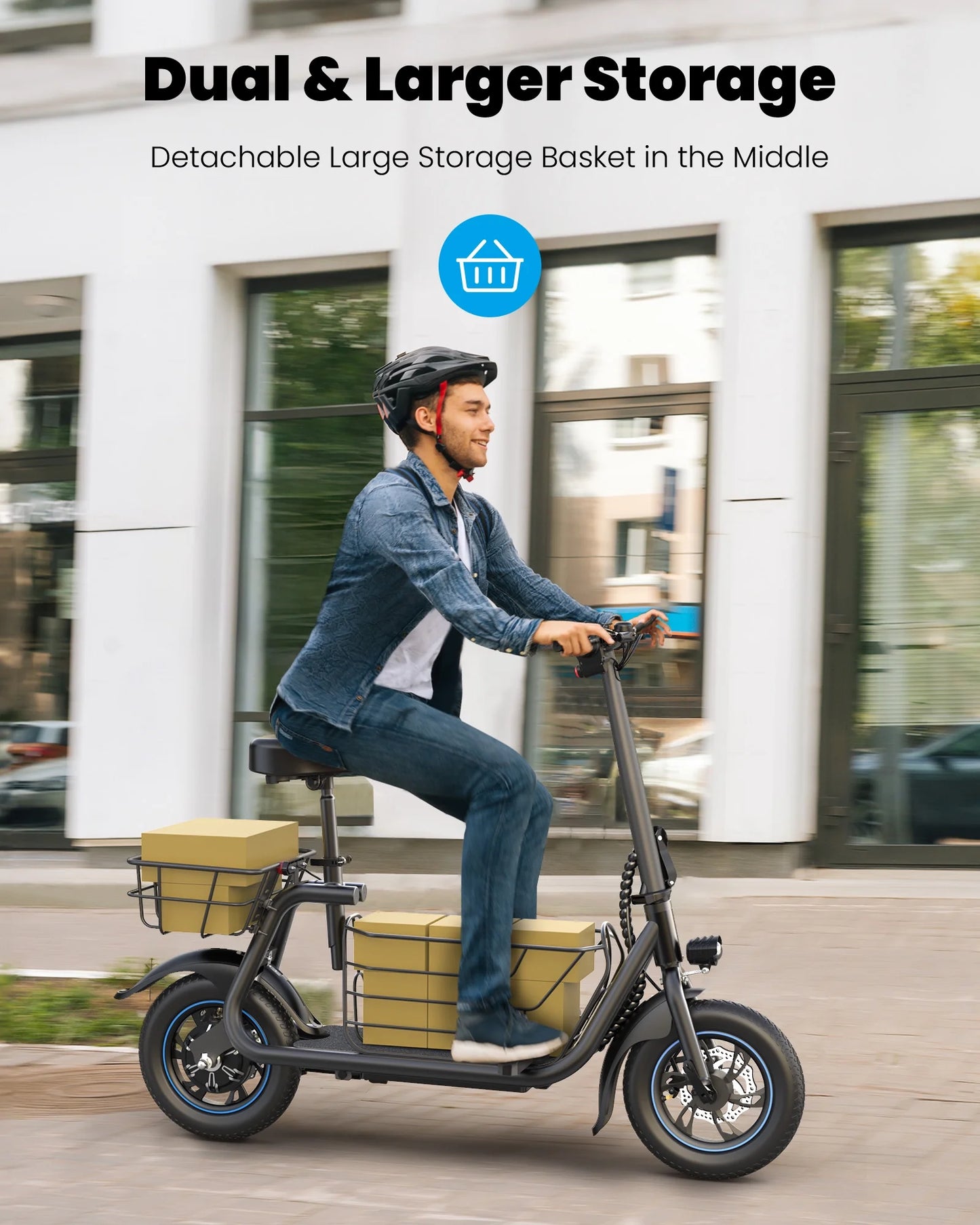 19MPH Foldable 550W Electric Scooter with Seat for Adult,12 Inch Commuter Electric Scooter for Pets with Front & Back Basket, Bigger Seat - up to 21 Miles