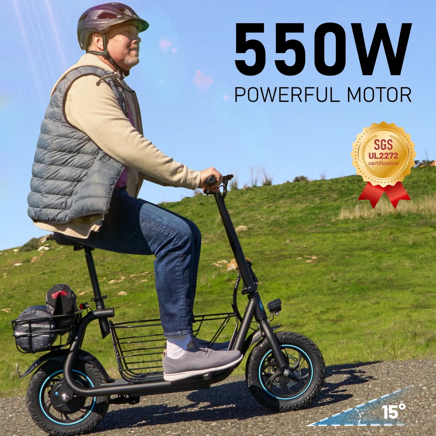 19MPH Foldable 550W Electric Scooter with Seat for Adult,12 Inch Commuter Electric Scooter for Pets with Front & Back Basket, Bigger Seat - up to 21 Miles