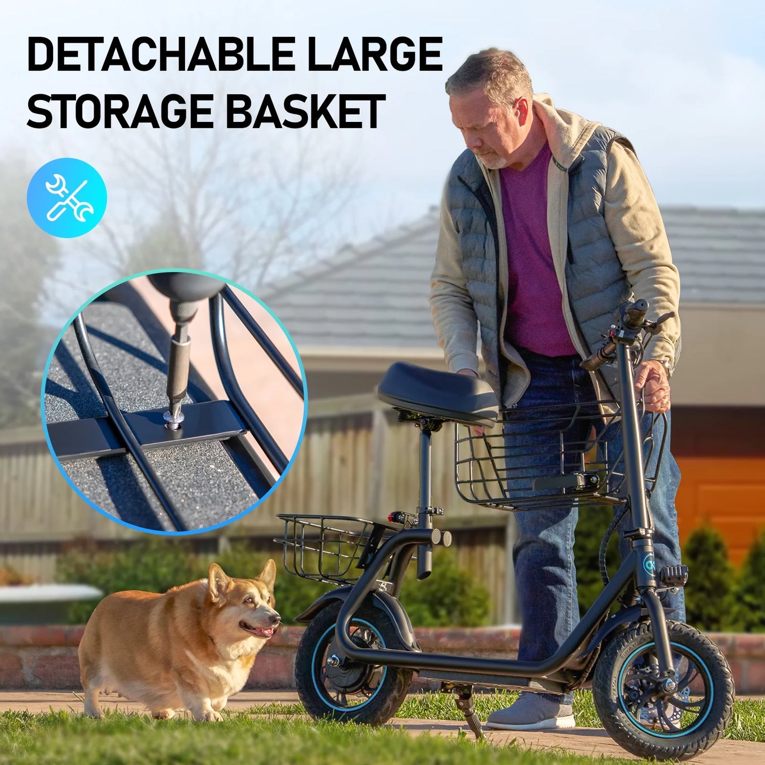 19MPH Foldable 550W Electric Scooter with Seat for Adult，12 Inch Commuter Electric Scooter for Pets with Front & Back Basket, Bigger Seat - up to 21 Miles