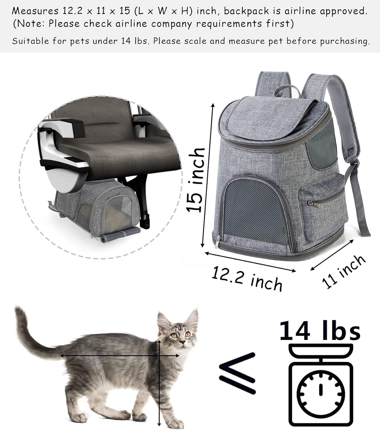 Backpack for Cats - Cat Backpack Carrier Airline Approved - Top Loading Pet Carrier Backpack for Small Dogs, Rabbits up to 14Lbs, Scratchproof Mesh Puppy Backpack, Escape-Proof Zipper